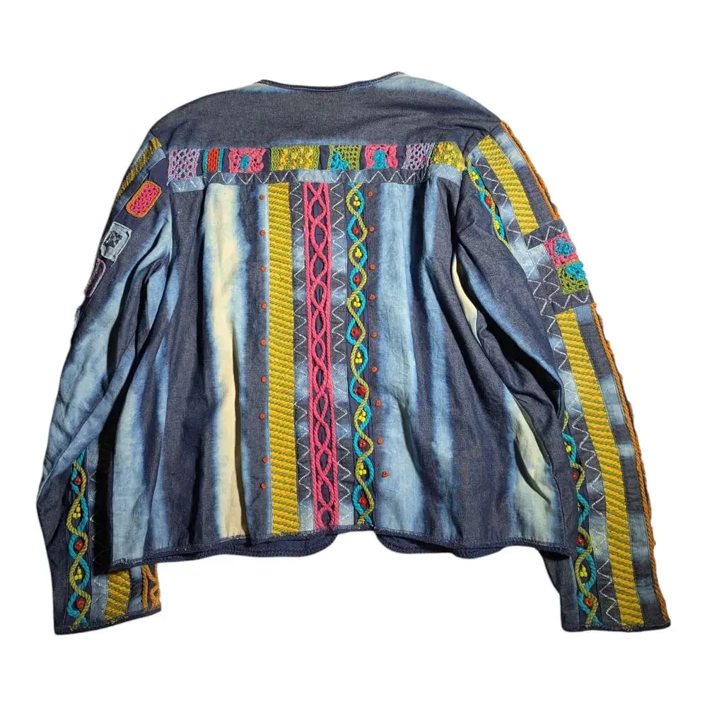 Vtg 1990s Coldwater Creek Collarless Tie Dye Denim Beaded Embroidered Jacket XL
